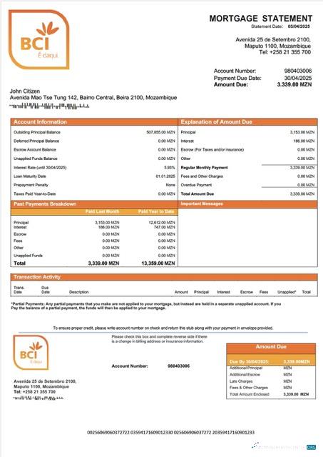 Mozambique Banco Comercial e de Investimentos mortgage statement Word and PDF template